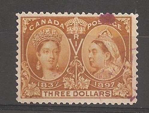Canada #63 F/VF Winnipeg Magenta Used 1897 $3 Jubilee folded perfs
