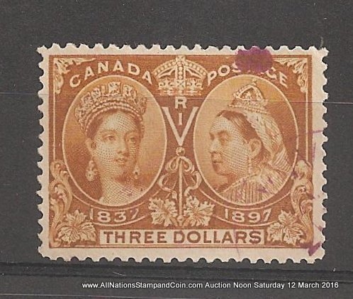 Canada #63 F/VF Winnipeg Magenta Used 1897 $3 Jubilee folded perfs $1200