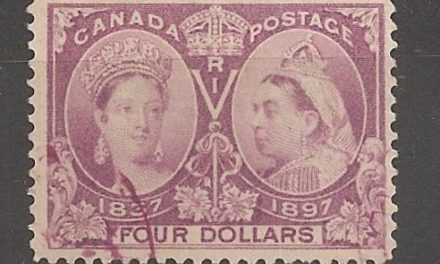Canada #64 F/VF face free matching Purple Used 1897 $4 Jubilee rounded corner