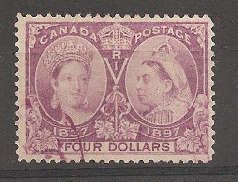 Canada #64 F/VF face free matching Purple Used 1897 $4 Jubilee rounded corner