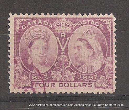 Canada #64 F/VF face free matching Purple Used 1897 $4 Jubilee rounded corner