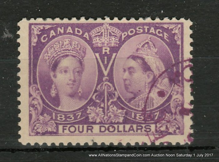 Canada #64 F/VF matching face-free Purple Used 1897 $4 Jubilee $1200