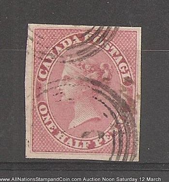 Canada #8a VF Used 1857 1/2d Lilac Rose Horizontal Ribbed Paper