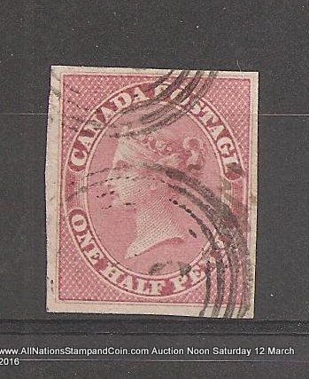 Canada #8a VF Used 1857 1/2d Lilac Rose Horizontal Ribbed Paper 
