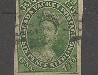Canada #9 F/VF Used 1857 71/2d Green 1955 B.P.A. Cert. margin tears