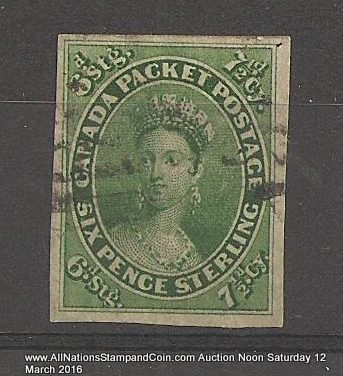 Canada #9 F/VF Used 1857 71/2d Green 1955 B.P.A. Cert. margin tears