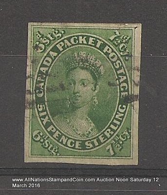 Canada #9 F/VF Used 1857 71/2d Green 1955 B.P.A. Cert. margin tears