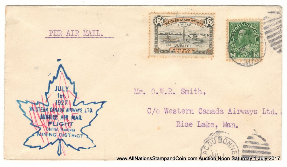 Canada #CL41 1 July 1927 Lac du Bonnet/Rice Lake pilot-signed Cover, toned pfs