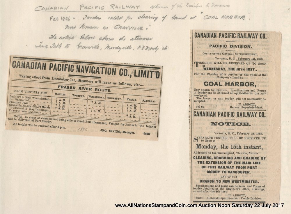 Canadian Pacific Railway 1886 newspaper clipping duo Pg 82 Wellburn Vancouver