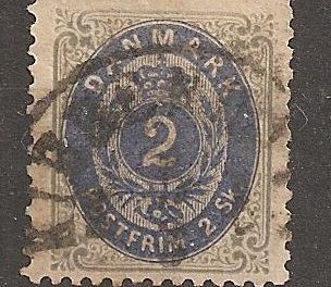 Denmark #21 F/VF Used 1871 2s Key issue blunt perfs, internal tear
