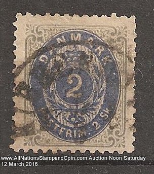 Denmark #21 F/VF Used 1871 2s Key issue blunt perfs, internal tear
