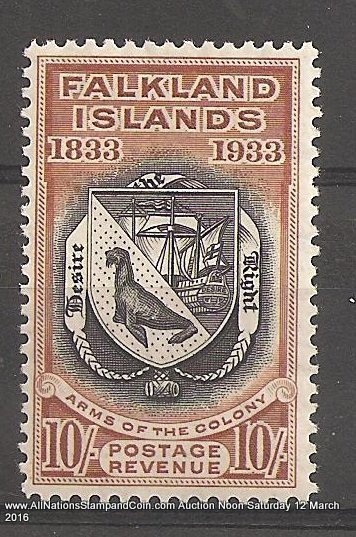 Falkland Islands #74 VF Mint 1933 5/- Penguin perf corner crease 1974 B.P.A. Cert