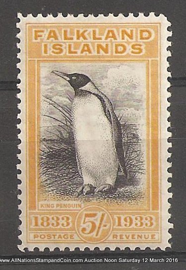 Falkland Islands #74 VF Mint 1933 5/- Penguin perf corner crease 1974 B.P.A. Cert