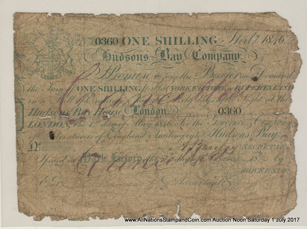 Hudson's Bay Company Good 1846 York Factory Shilling Banknote