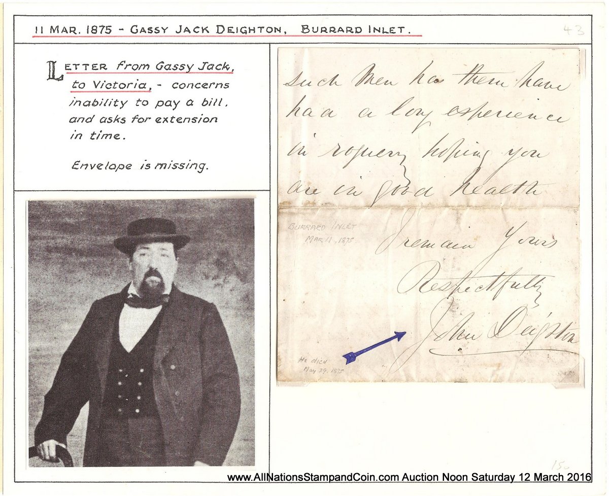 John Gassy Jack Deighton Signed 11 March 1875 ex Wellburn on his page