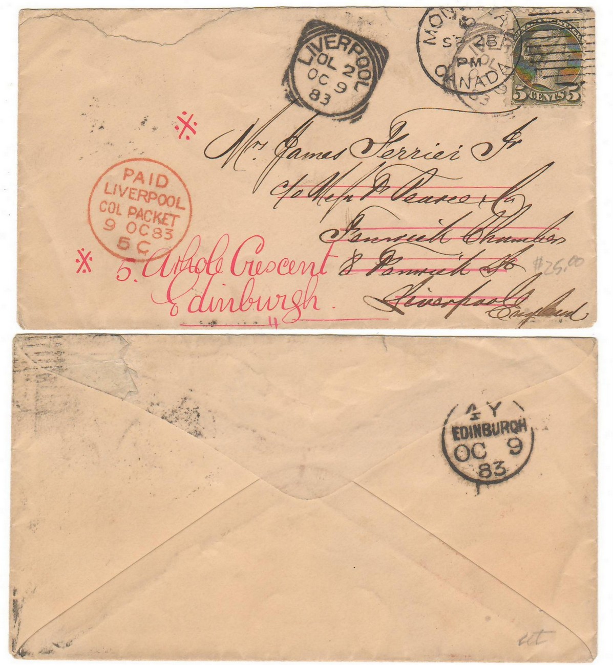 19 Canada #38 1883 5c SQ Transatlantic readdressed Cover, tear ex Robinson