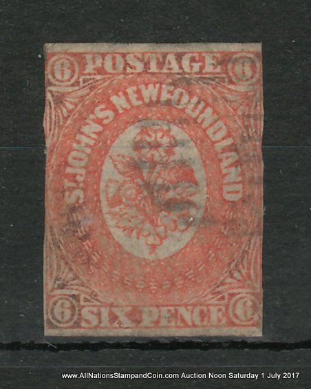 Newfoundland #6 VG Used 1857 6d Imperforate, two margins $3500
