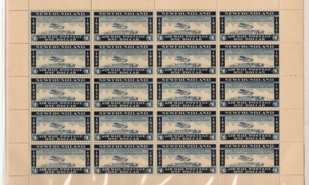 Newfoundland Mint 1932 $1 Wayzata Airmail Sheet of 20, album offset on 10