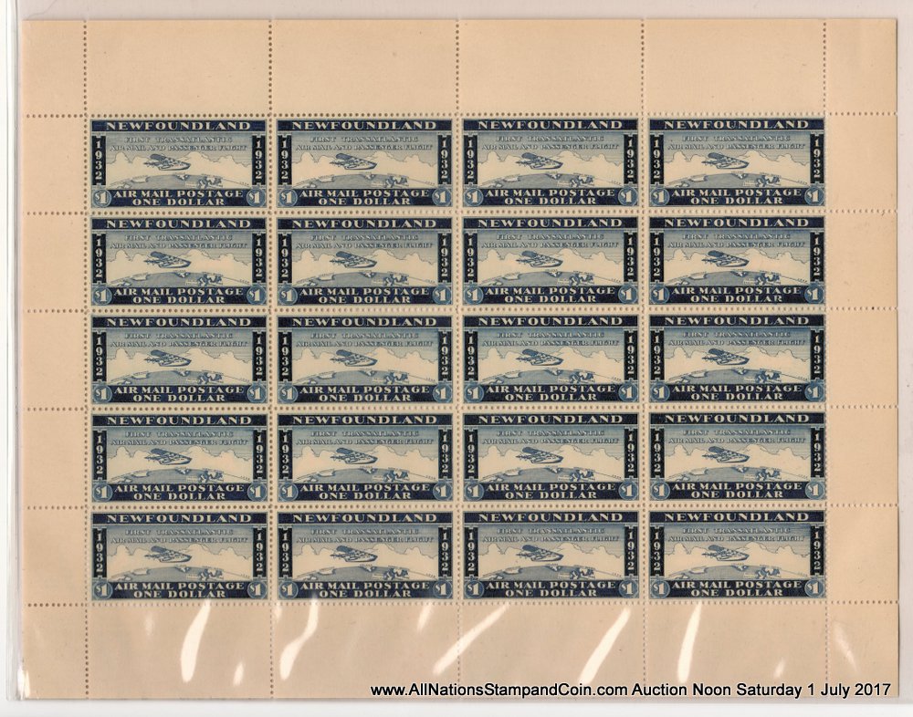 Newfoundland Mint 1932 $1 Wayzata Airmail Sheet of 20, album offset on 10