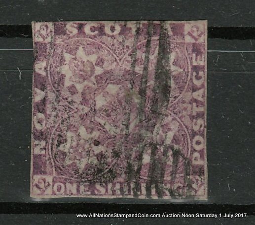 Nova Scotia #6 about Fine Used 1851 1/- Red Violet, owner's backstamps
