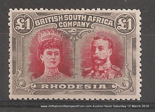Rhodesia #118 F/VF Mint 1910 Pound Double Head short perf