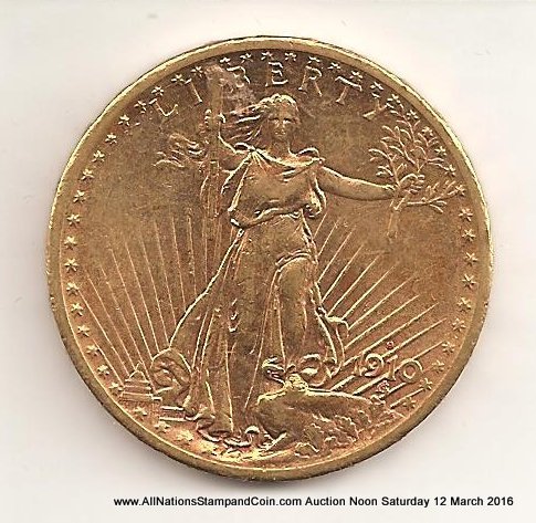 U.S.A. AU 1910S $20 Saint-Gaudens Gold Double Eagle