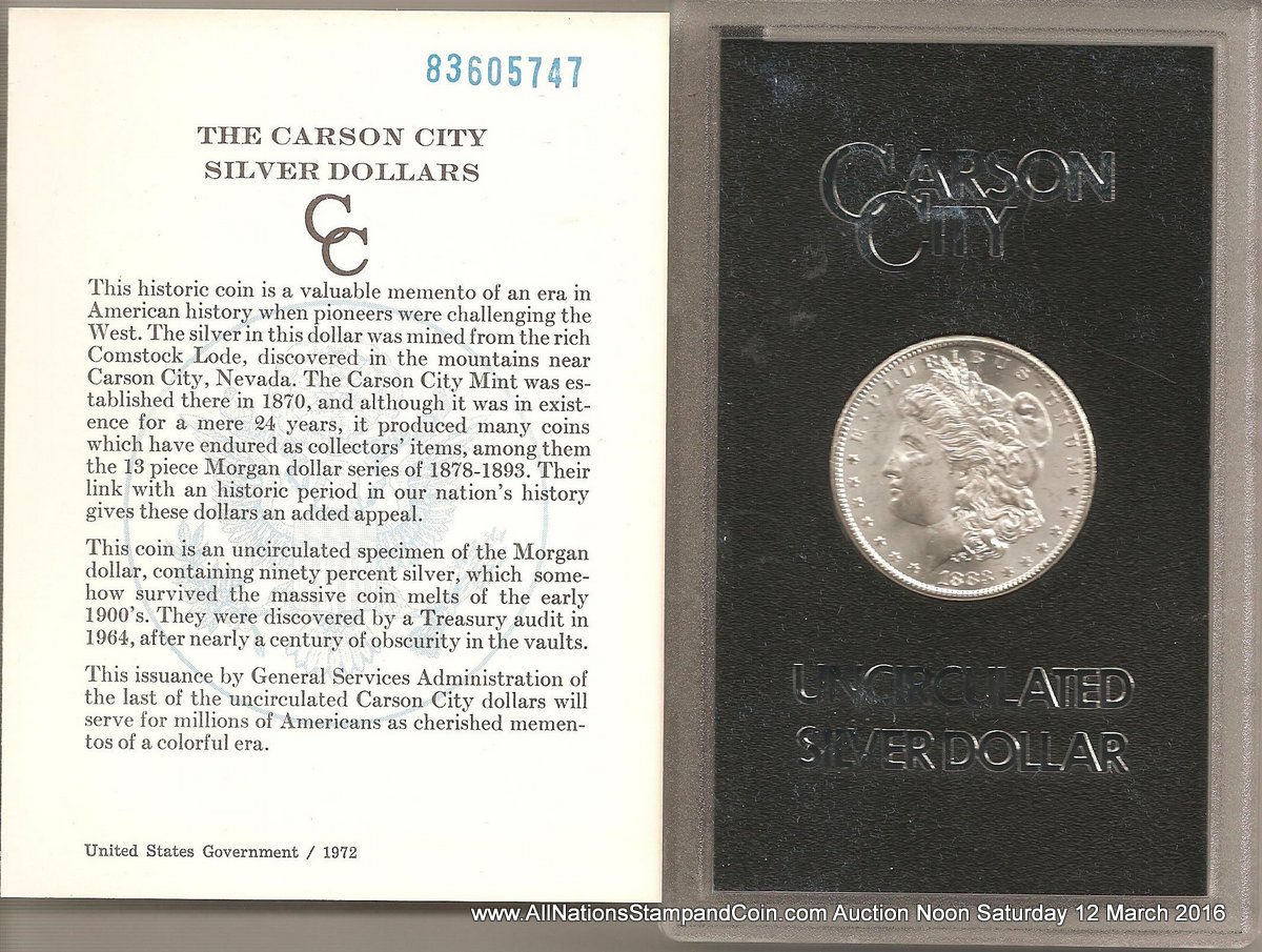 U.S.A. BU 1883CC boxed Carson City Silver Dollar in Government holder