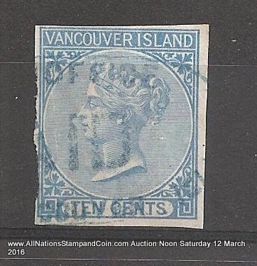 Vancouver Island #4 Fine Used 1865 10c Imperf with 1980 R.P.S.L. Certificate