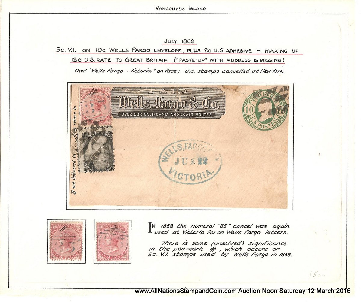 Wells Fargo 1868 uprated mixed franked paste up front, faults, #5 duo ex Wellburn