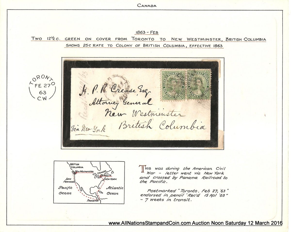 incoming New Westminster, B.C. 1863 25c Toronto Mourning Cover ex Wellburn