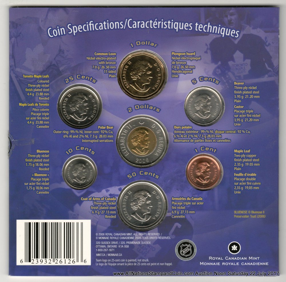 Toronto Maple Leafs BU 2006P 7-coin Set w/ coloured Logo 25 Cents