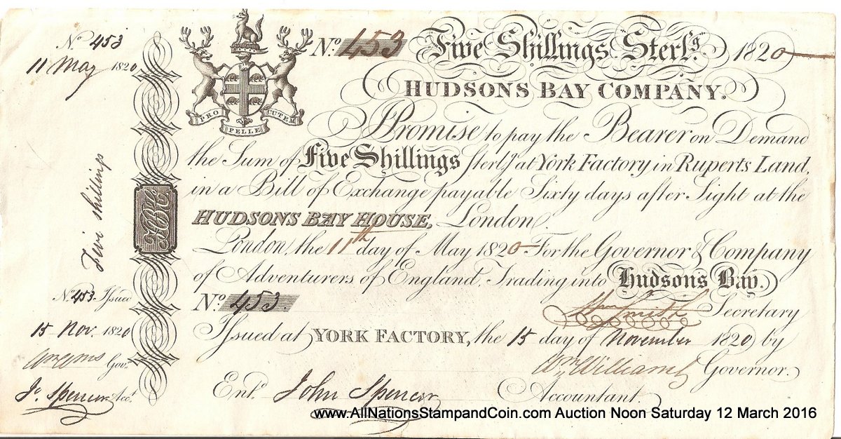 Hudson's Bay Company abt Unc 1820 5 Shillings watermarked, tear, ex Harding