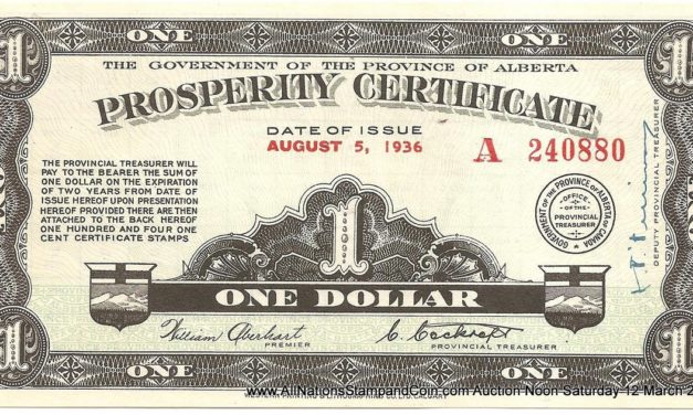 Alberta AU 1936 $1 Prosperity Certificate w/ 36 1c stamps affixed