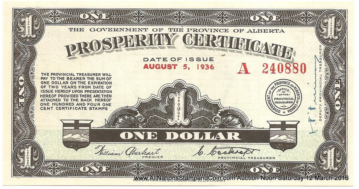 Alberta AU 1936 $1 Prosperity Certificate w/ 36 1c stamps affixed