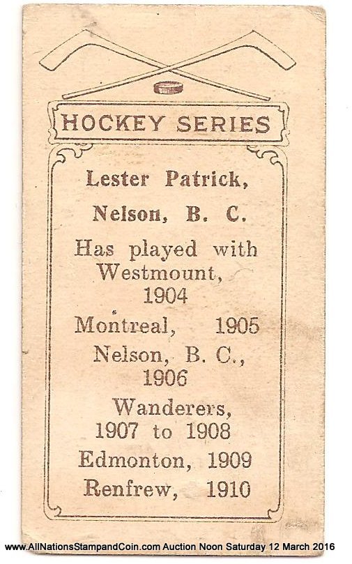 Lester Patrick 1910/1911 C56 #26 Rookie Hockey Card corner crease