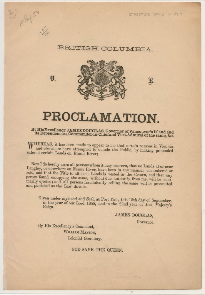  British Columbia 15 Sep 1858 2nd Proclamation from Gov. Douglas