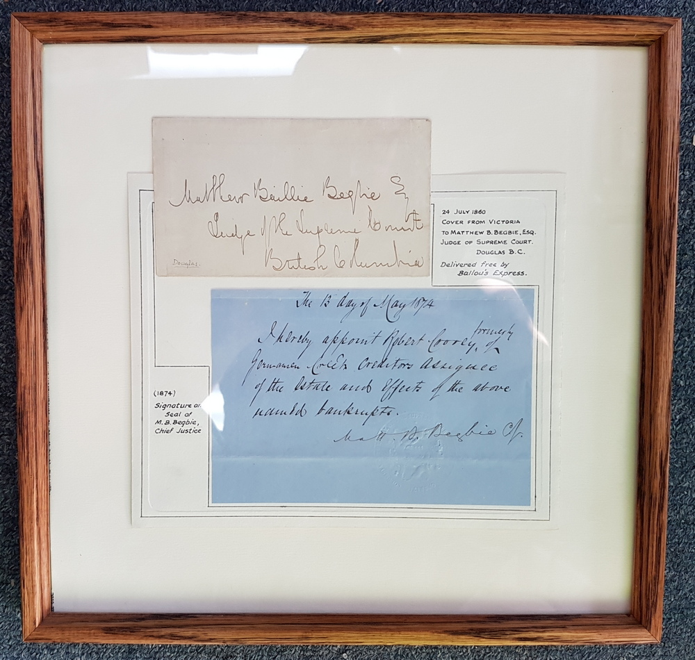 Matthew Baillie Begbie framed 1874 Signature & Seal etc ex Wellburn
