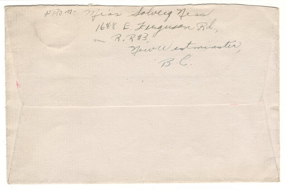 Back of envelope, New Westminster, B.C. address