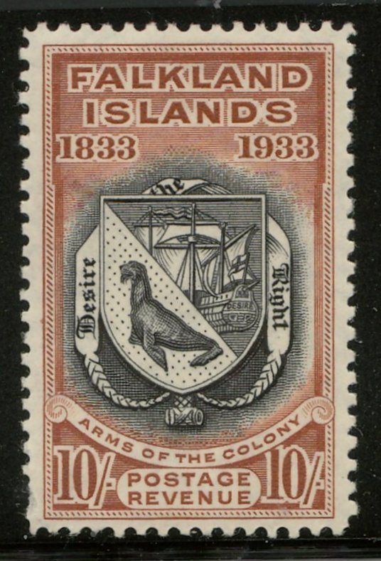 136 Falkland Islands #75 F/VF Mint 1933 10/- Centenary US$850.