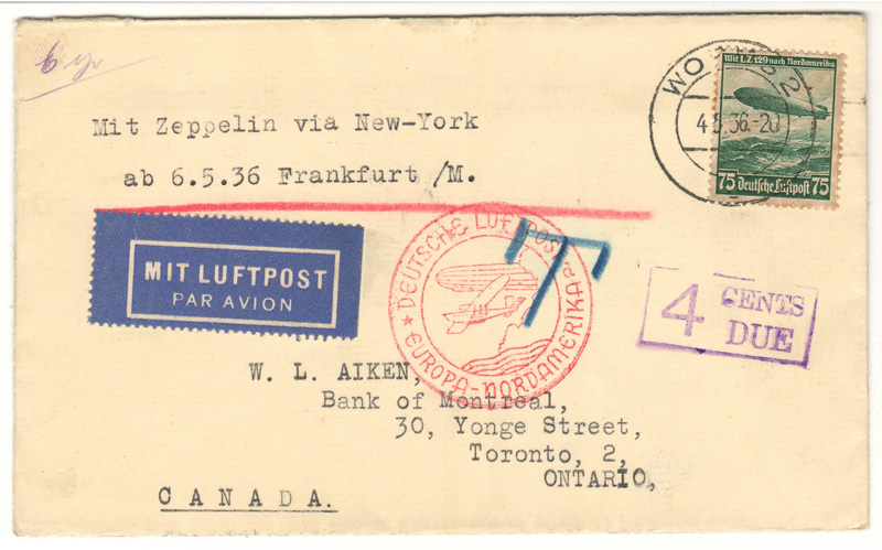 Lot 138  Germany 1936 4c North American Zeppelin Flight Cover to Toronto