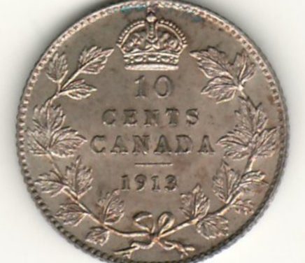 Canada 1913 Broad Leaves Silver 10 Cents