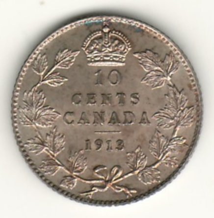 Canada Unc 1913 Broad Leaves Silver 10 Cents reverse