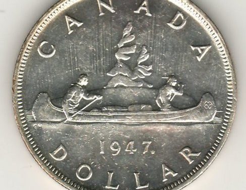 Canada 1947 Maple Leaf double HP Silver Dollar