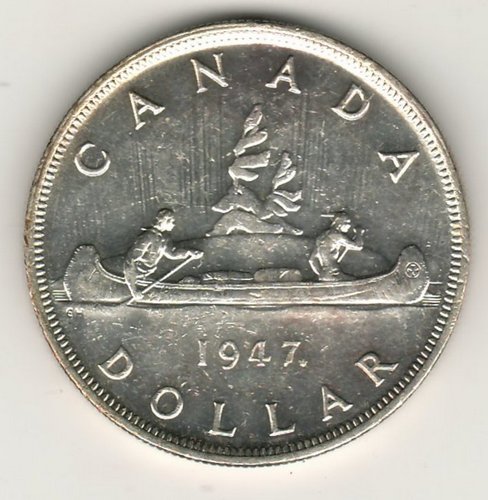179	Canada Unc 1947 Maple Leaf double HP Silver Dollar $500