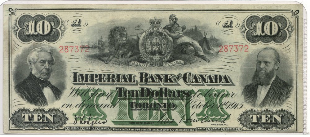 Lot 198 Imperial Bank of Canada Fine+ 1915 $10 Bill $750.+