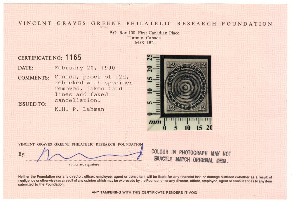 Canada #3F 1851 12d Black Forgery 1990 Pink Cert