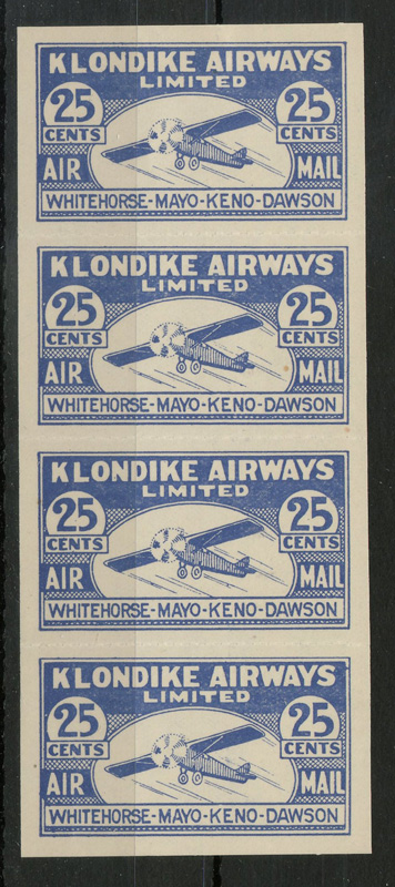 Klondike Airways #CL45 VFNH 1928 25c Strip $495. (4), lot 67