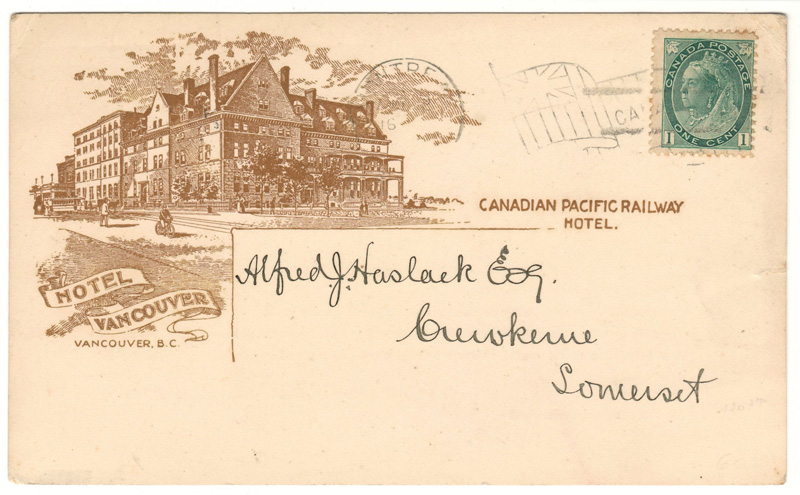 Lot 98 Hotel Vancouver 1900 1c Montreal Flag C.P.R. Earnings Postcard to UK