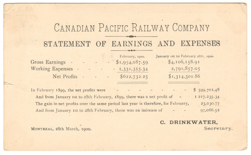 C.P.R. Earnings Postcard to UK