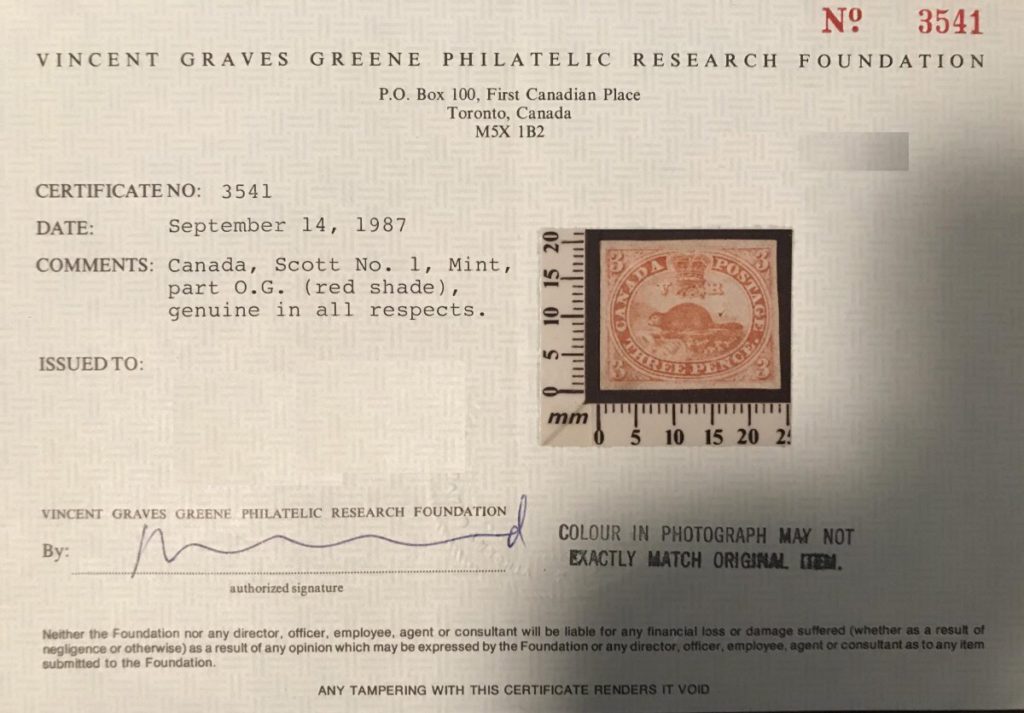 Certificate for Canada's first stamp